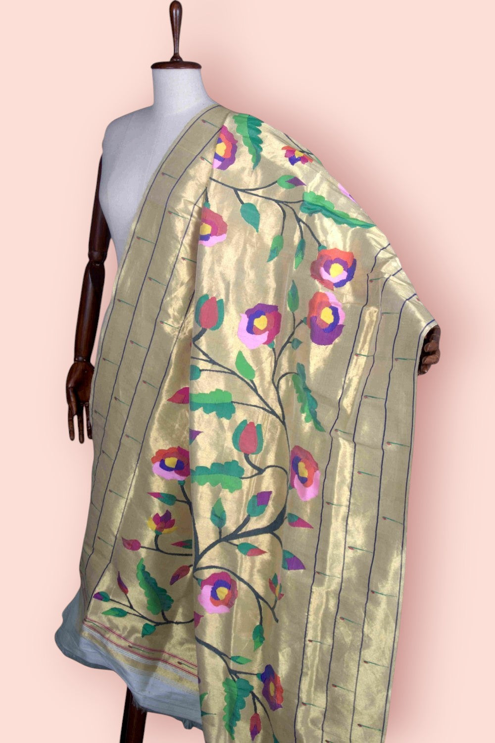 Paithani Silk Tissue All Over Jaal Gold Dupatta With Triple Muniya Border