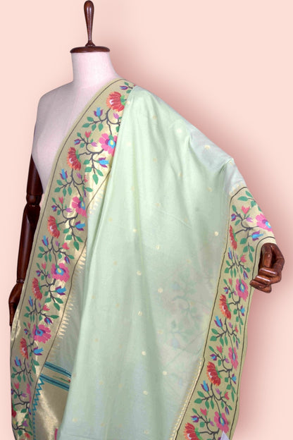 Paithani Cotton Butta Pastel Green Dupatta