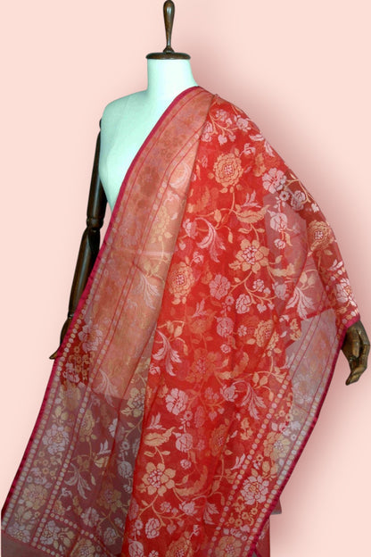 Banarasi Cotton All Over Jamdani Jaal Red Rakhambari Dupatta