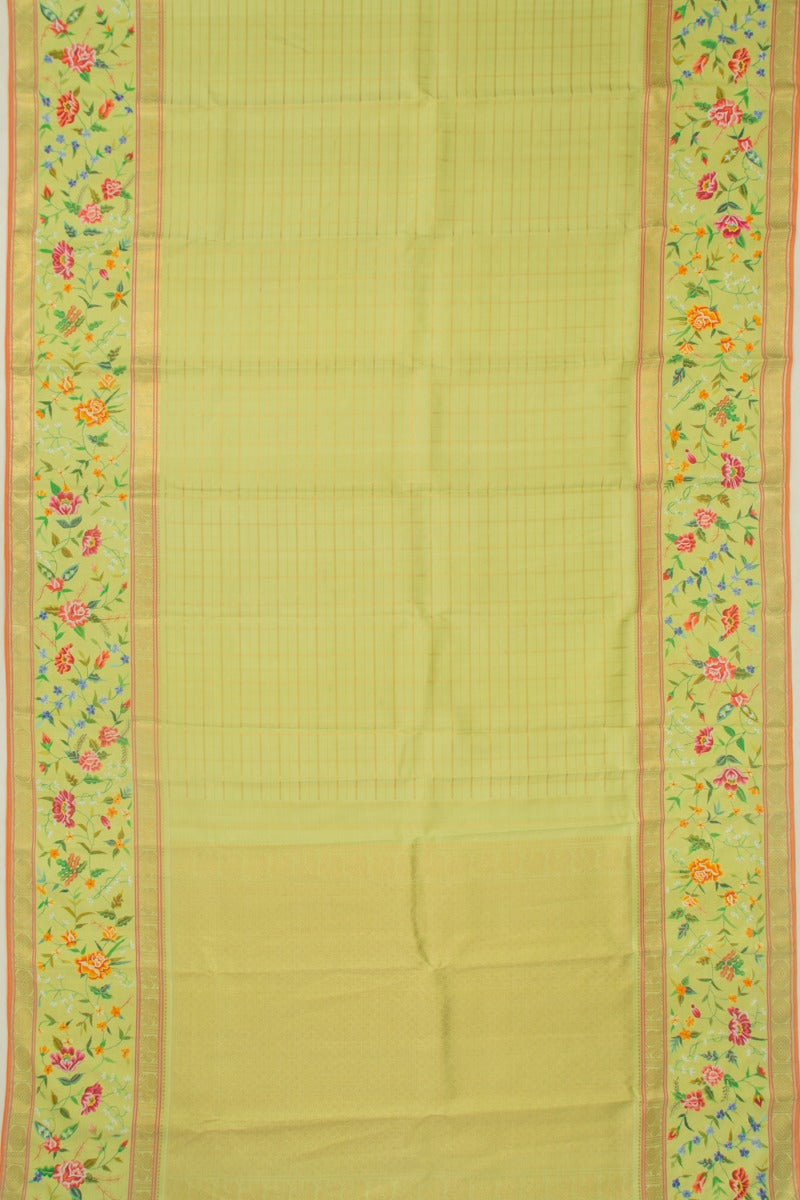 Petit Point Kanchipuram Silk Checks Embroidery Pista Green saree