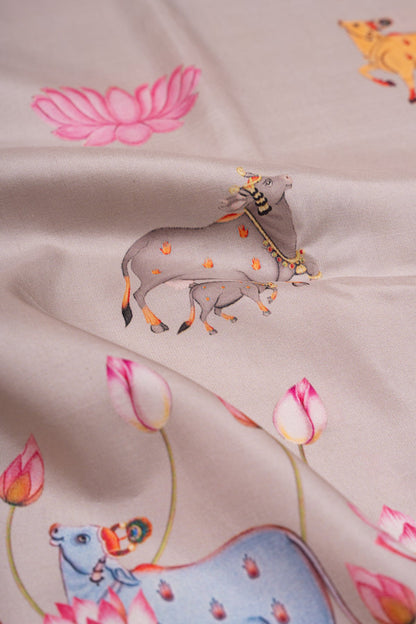 Kanchipuram Silk Pichwai Printed Grey Saree