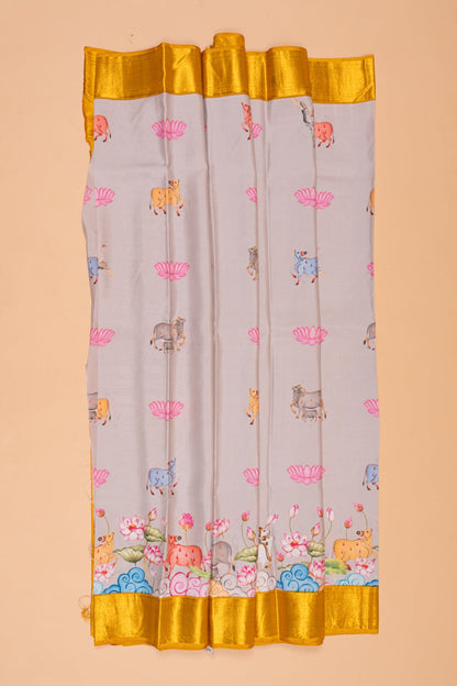 Kanchipuram Silk Pichwai Printed Grey Saree