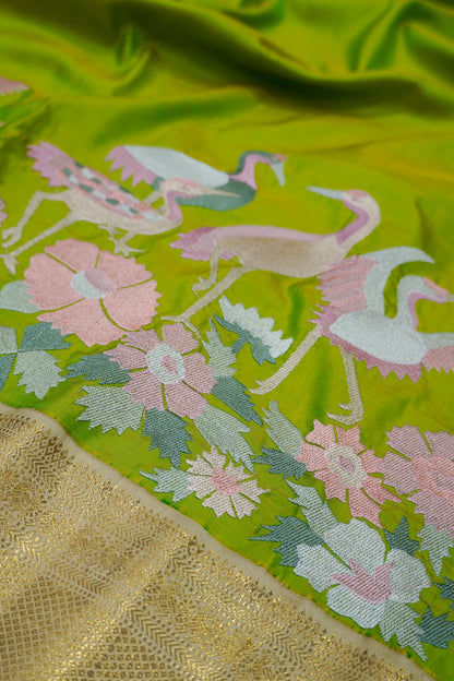 Kanchipuram Silk Plain Parrot Green Saree With Embroidery