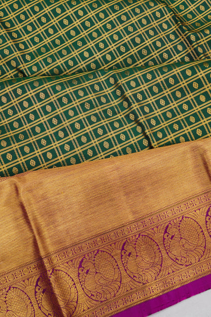 Kanchipuram Silk Checks And Butta Bottle Green Saree