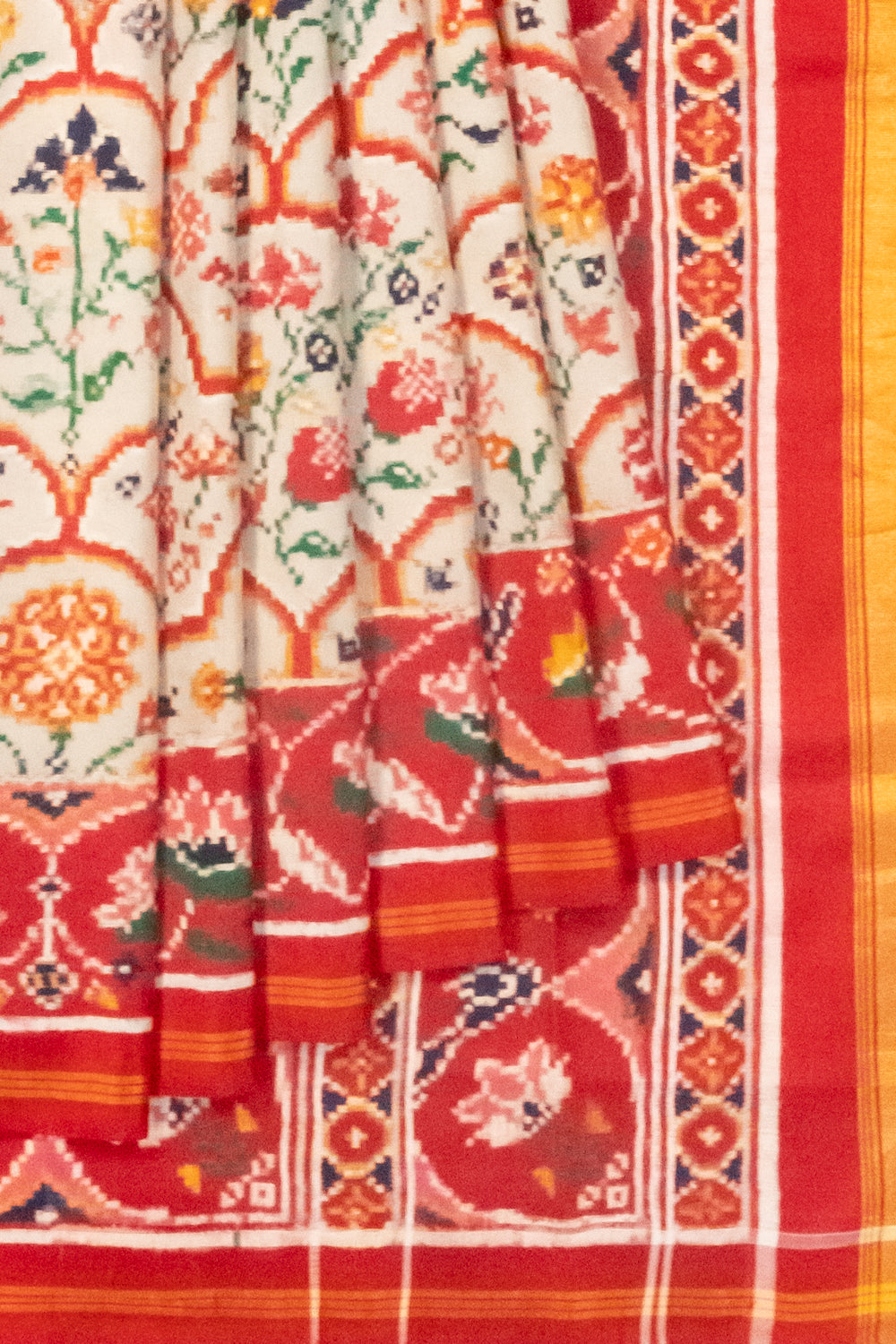 Natural Dye Patan Patola Silk Double Ikat Off White Saree