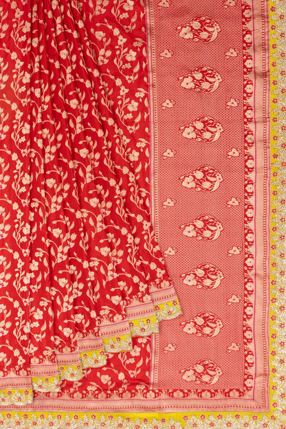 Banarasi Silk Jaal Red Saree With Scallop Border