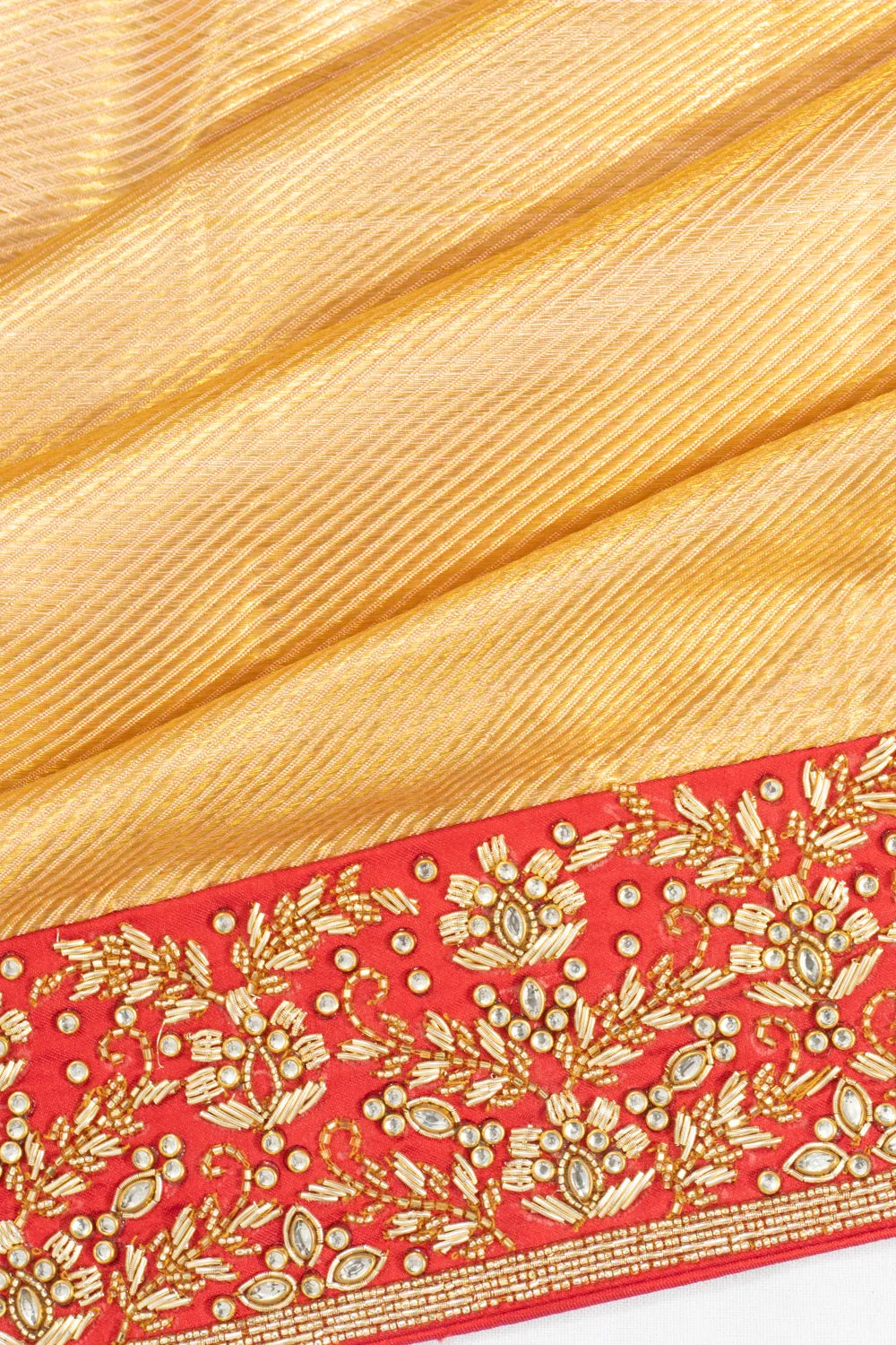Kanchipuram Silk Tissue Diagonal Lines Gold Saree With Zardosi Border