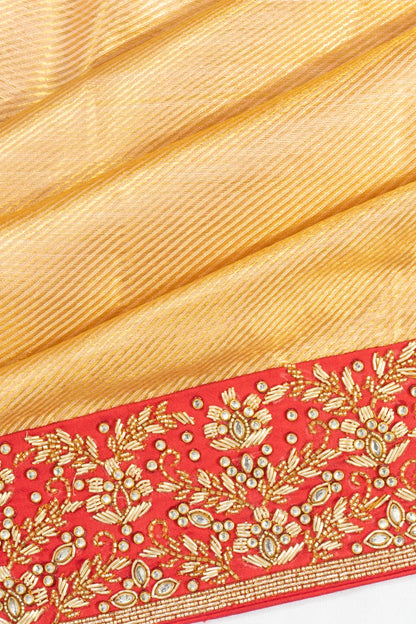 Kanchipuram Silk Tissue Diagonal Lines Gold Saree With Zardosi Border