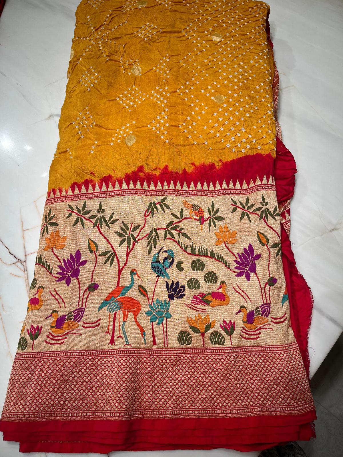 Banarasi Silk Bandhani Butta Mustard Yellow Saree