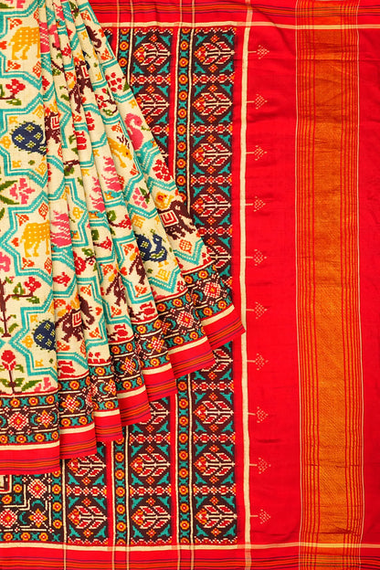 Patan Patola Silk Double Ikat Cream Saree