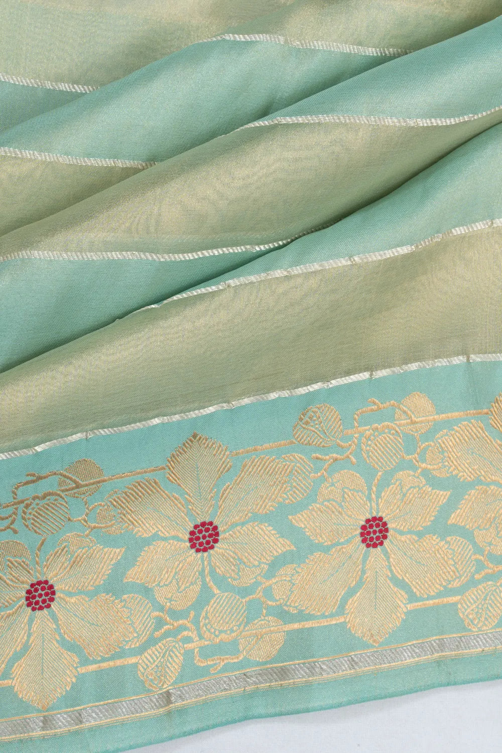 Banarasi Kora Organza Tissue Horizontal Lines Sea Green Saree