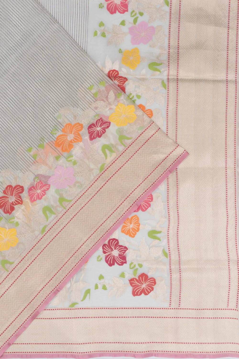 Banarasi Kora Organza Vertical Lines With Jamdani White Saree