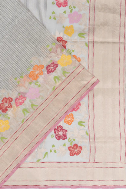 Banarasi Kora Organza Vertical Lines With Jamdani White Saree
