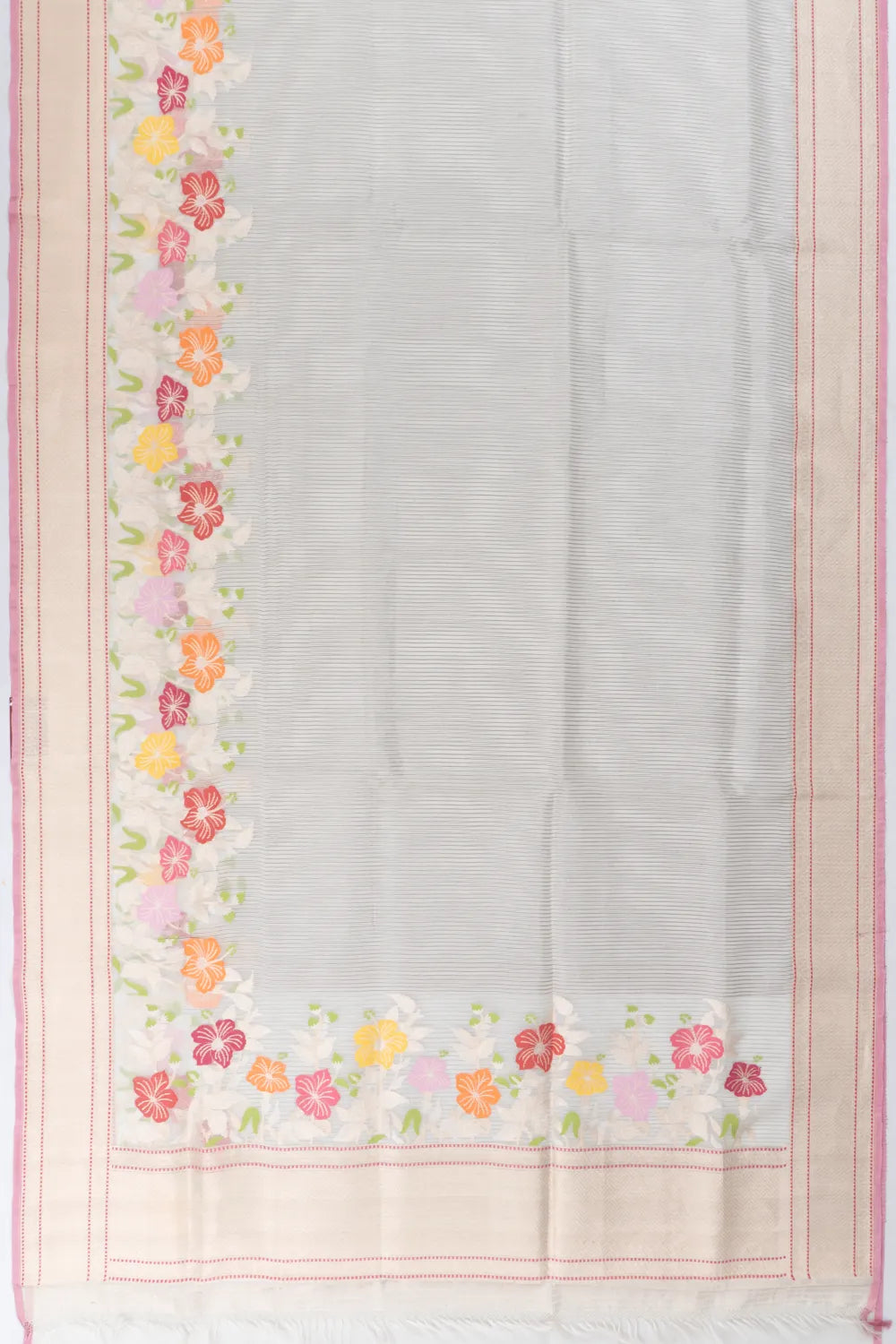 Banarasi Kora Organza Vertical Lines With Jamdani White Saree