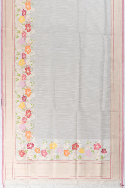 Banarasi Kora Organza Vertical Lines With Jamdani White Saree