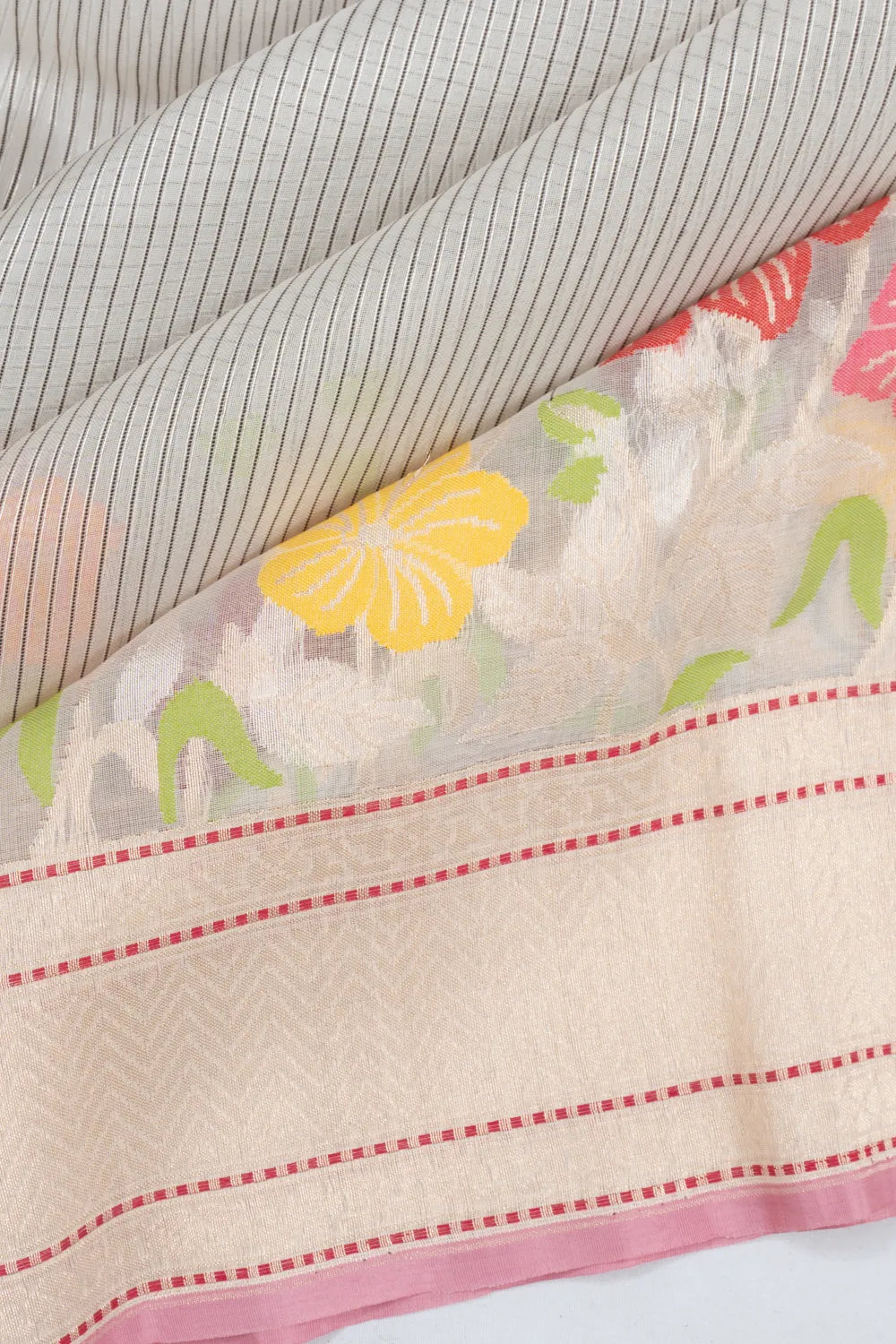 Banarasi Kora Organza Vertical Lines With Jamdani White Saree
