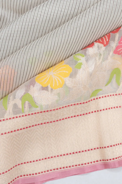 Banarasi Kora Organza Vertical Lines With Jamdani White Saree