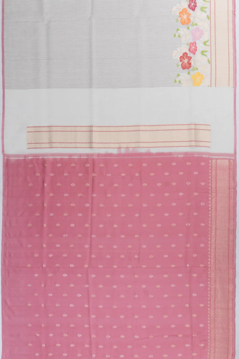 Banarasi Kora Organza Vertical Lines With Jamdani White Saree