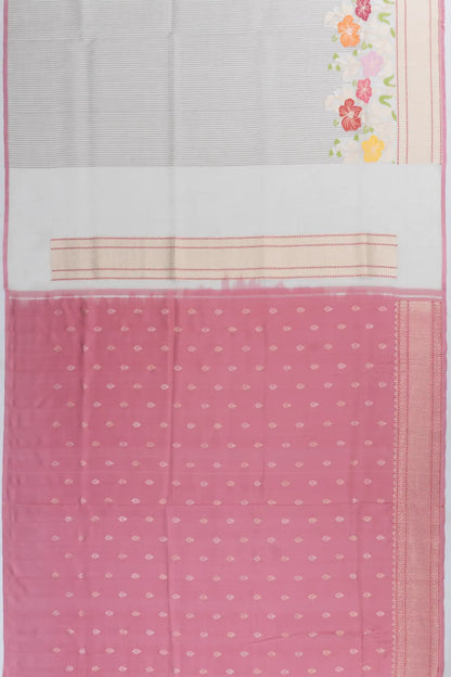 Banarasi Kora Organza Vertical Lines With Jamdani White Saree