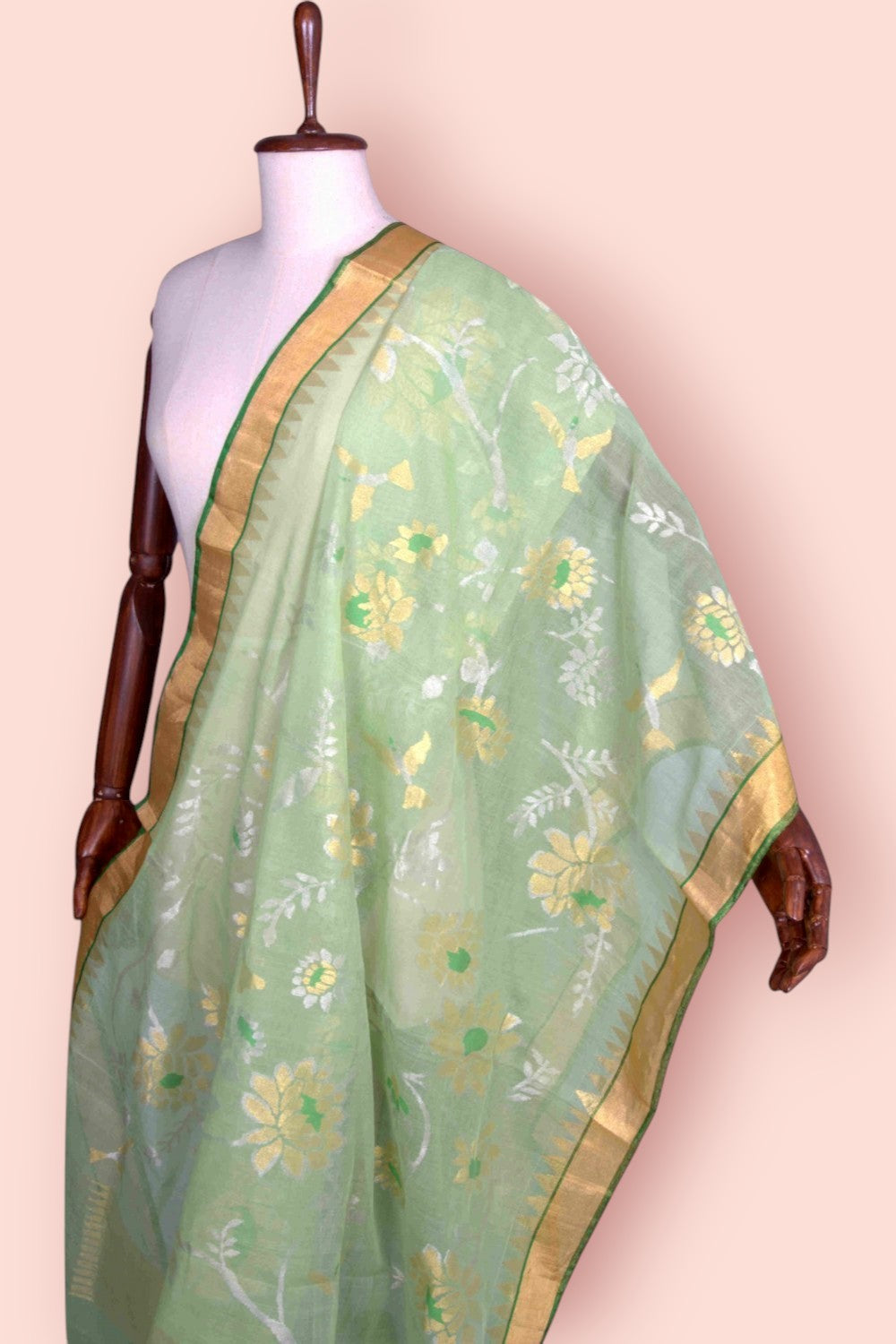 Ponduru Handspun Cotton All Over Jamdani Pastel Green Dupatta