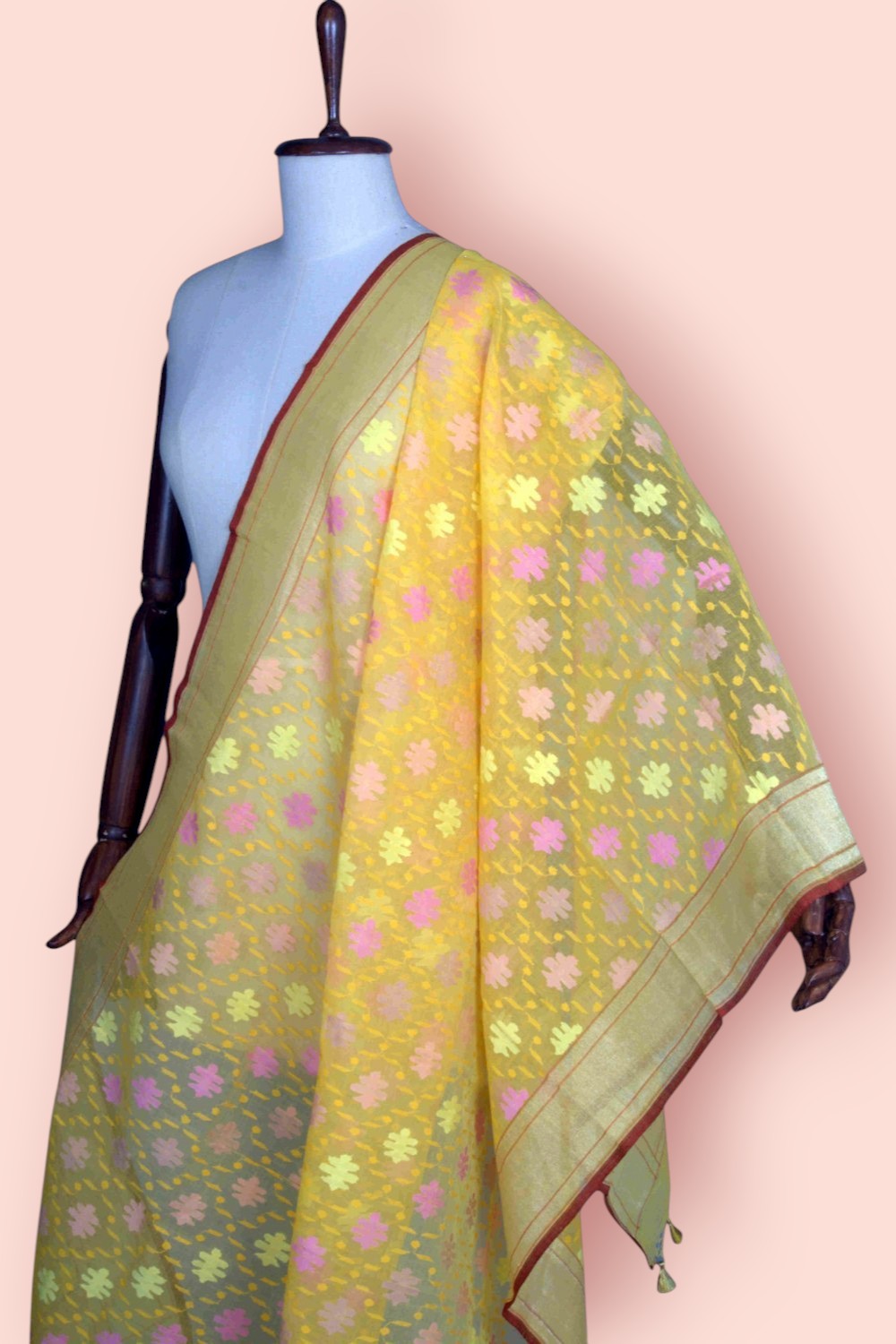 Banarasi Cotton Jamdani Brocade Pithambari Yellow Dupatta