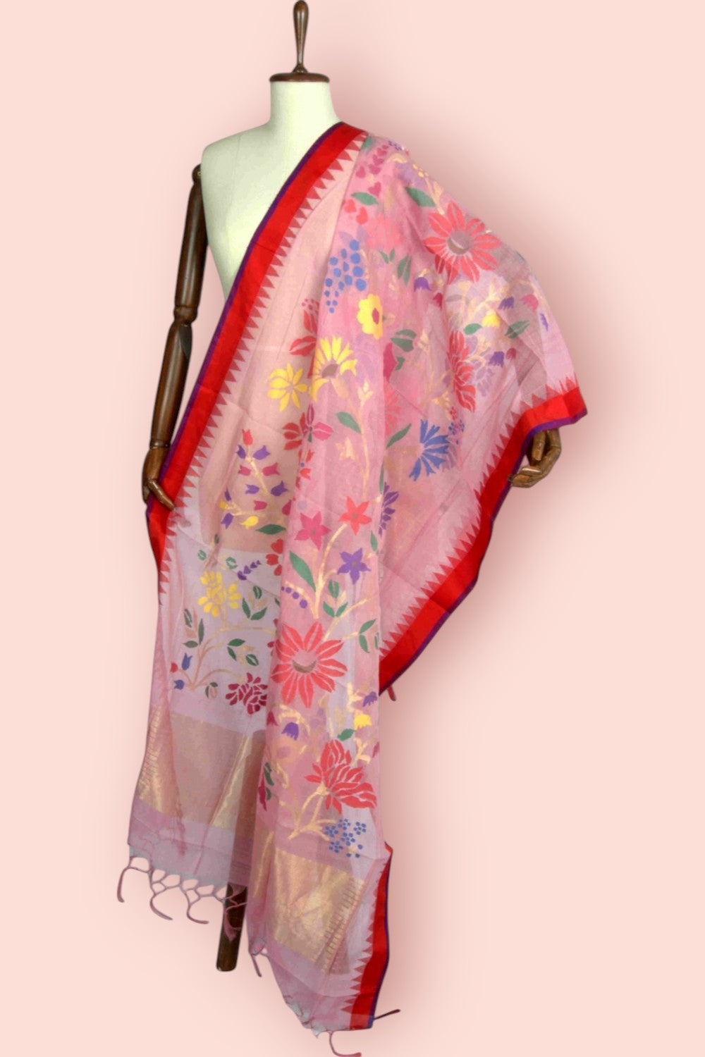 Ponduru Handspun Cotton All Over Jamdani Baby Pink Dupatta