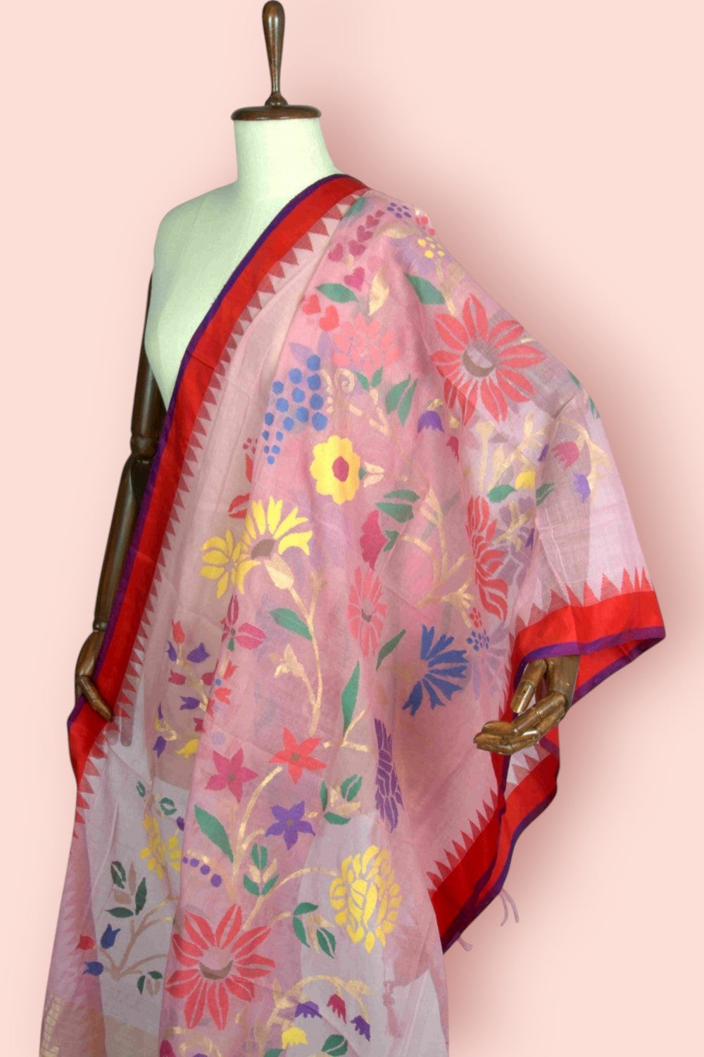 Ponduru Handspun Cotton All Over Jamdani Baby Pink Dupatta