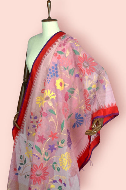 Ponduru Handspun Cotton All Over Jamdani Baby Pink Dupatta