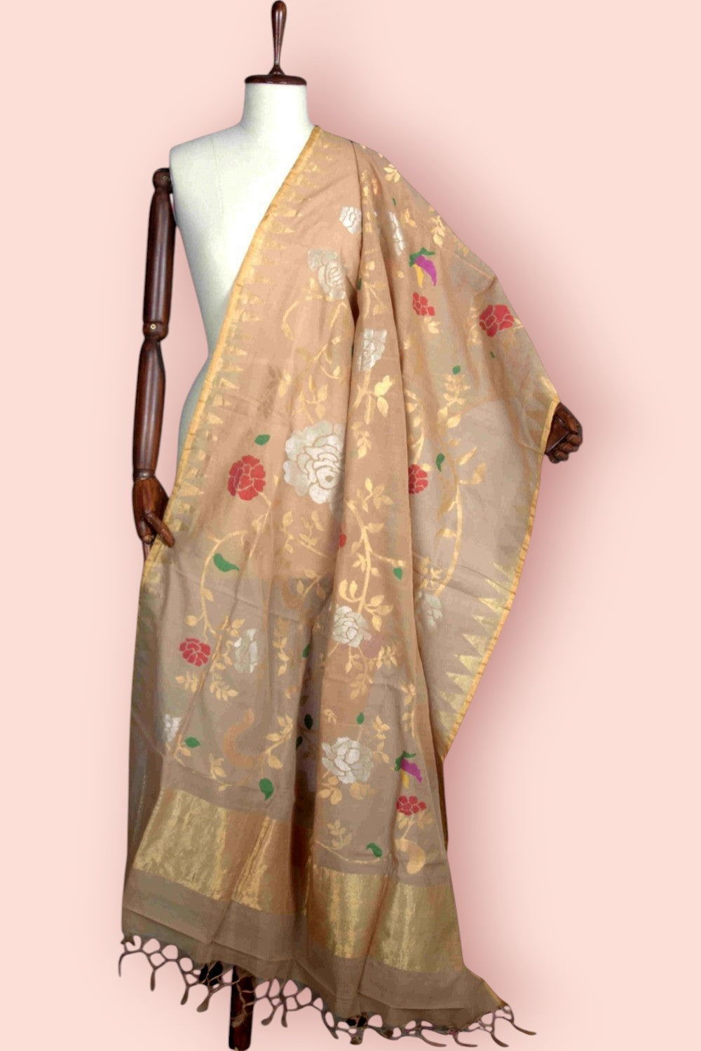 Ponduru Handspun Cotton All Over Jamdani Pastel Brown Dupatta