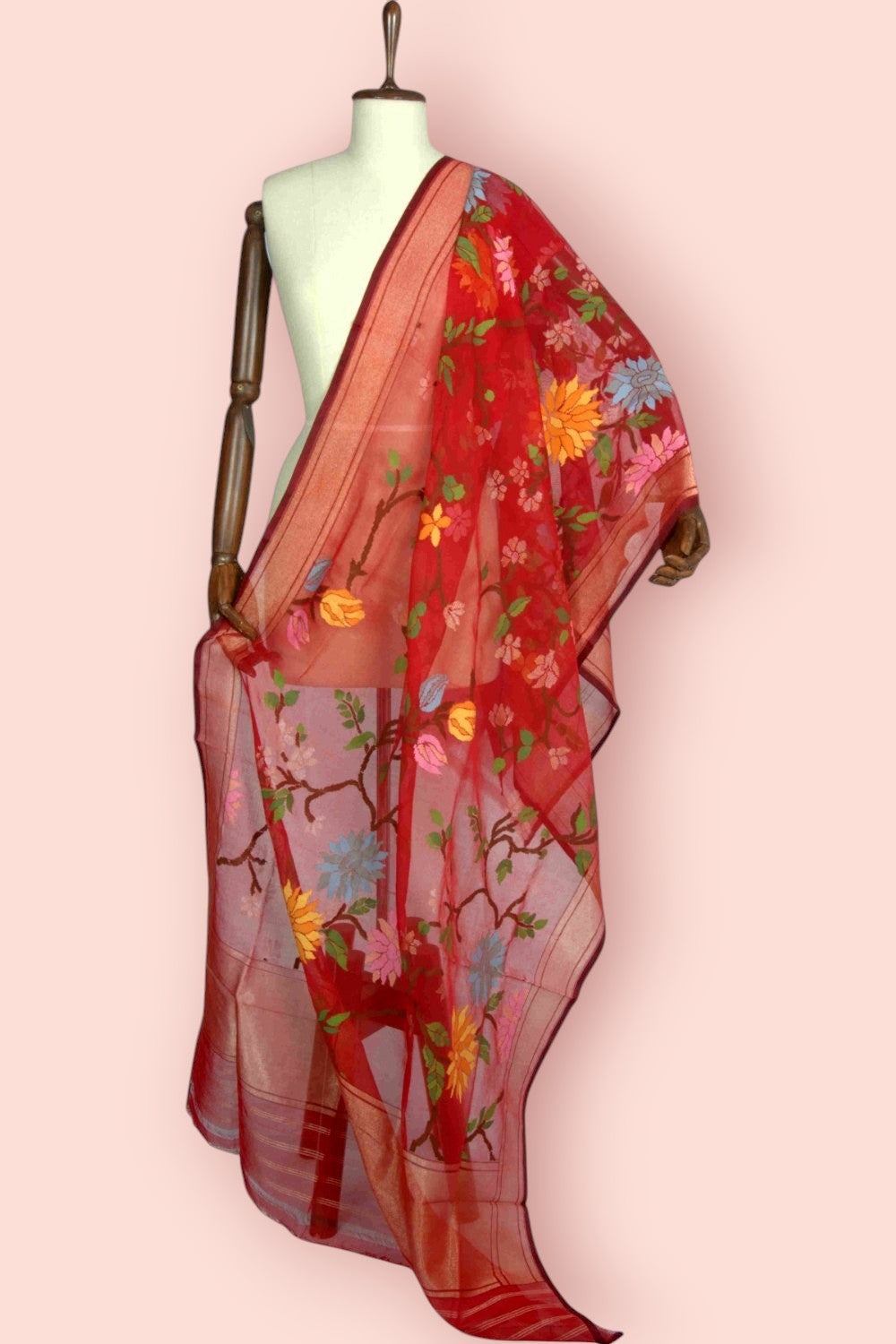 Banarasi Cotton All Over Jamdani Red Rakhambari Dupatta